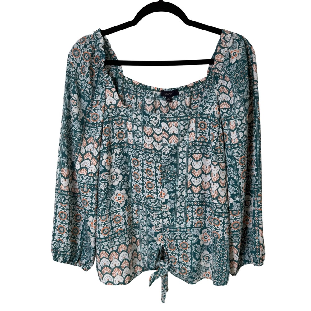 Eclair Boho Patchwork Tie Front Blouse NWT M Festival Cottagecore Peasant Teal
